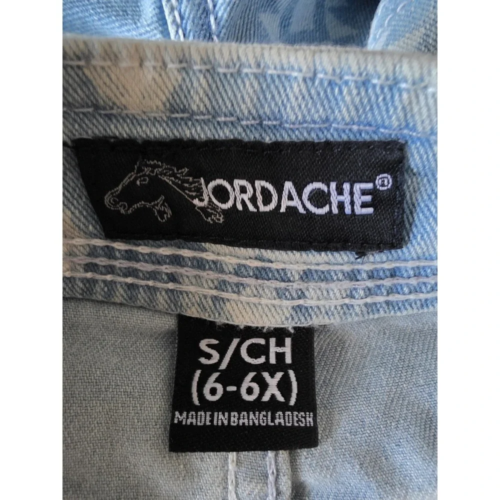 NWT Jordache Girls Overalls Size S 6 6X Blue Geometric Sleeveless Bib Overall